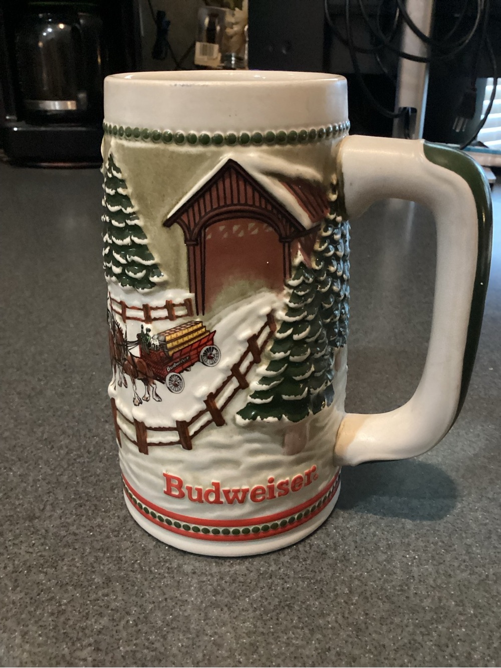 Vintage 1984 Budweiser Ceramic Holiday Stein with Winter Wagon Scene